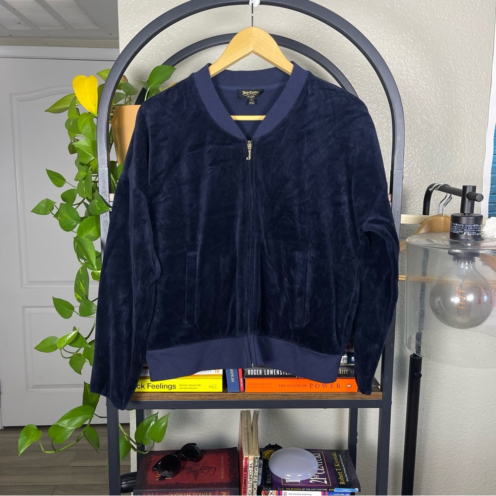 Vintage Juicy Couture Black Velour Zip Up Bejeweled Size L Paris Hilton Y2K